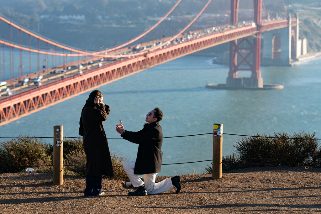 Surprise marriage proposal overlooking the Golden Gate Bridge in San Francisco