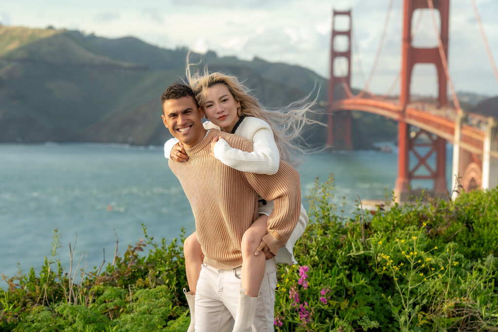 Couple portrait at Battery Godfrey overlooking the Golden Gate Bridge in San Francisco