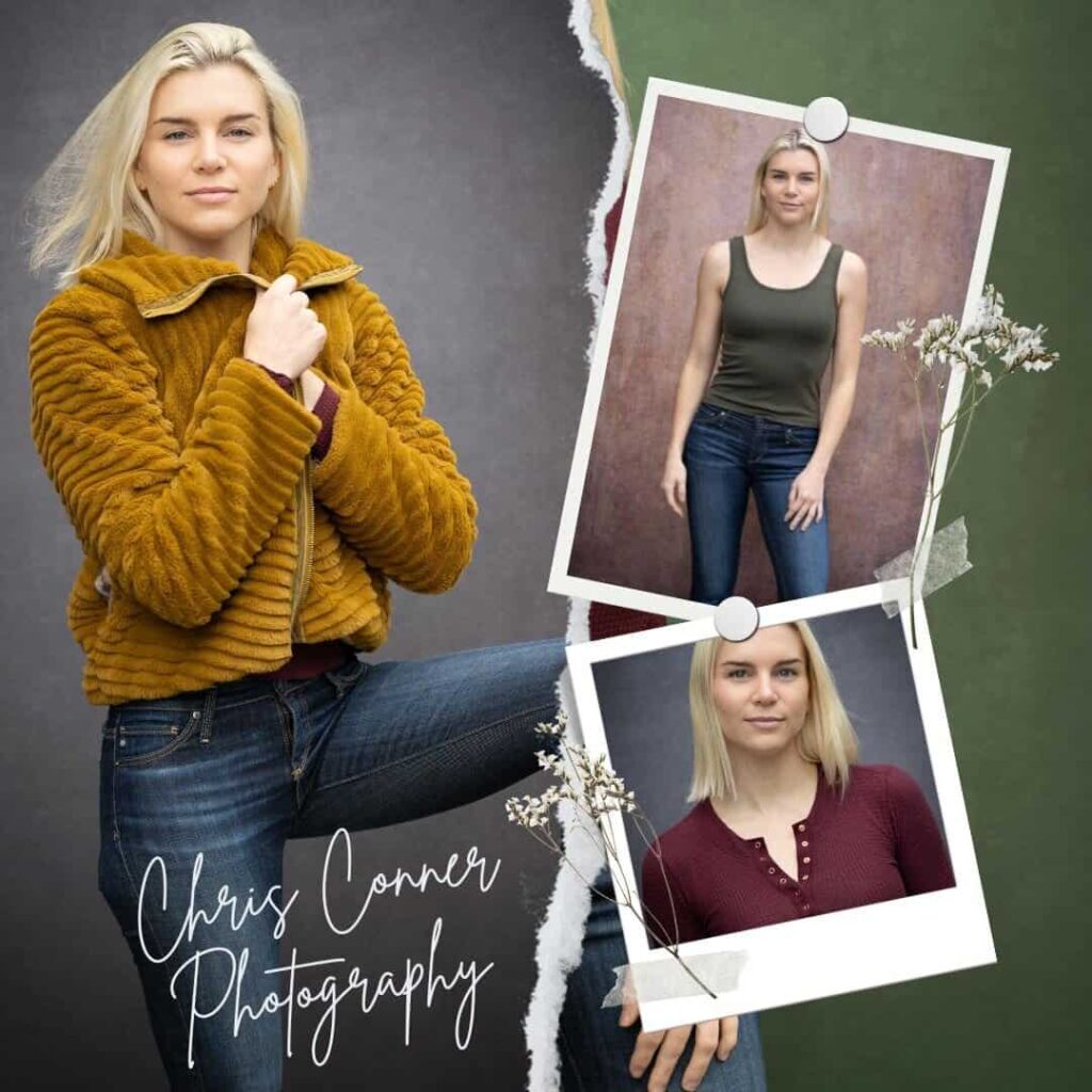 Creative collage of modern portraits featuring a woman in multiple outfits, styled by Chris Conner Photography