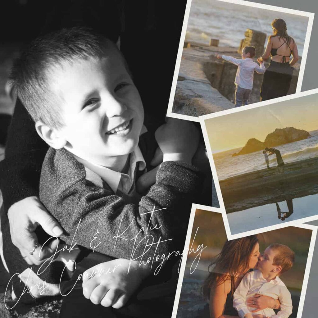 Collage of family moments at the beach with Jak and Katie, including sunset portraits and playful candid shots